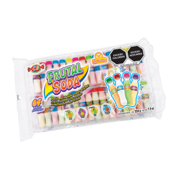 Bolsa de Frutal Soda con 64 piezas visibles y diseño transparente