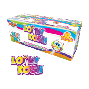 Caja de Lolly Kosh con 12 bolsas de paletas de caramelo sabor frutal