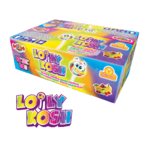 Caja de vitrolero Lolly Kosh con 36 paletas frutales de colores