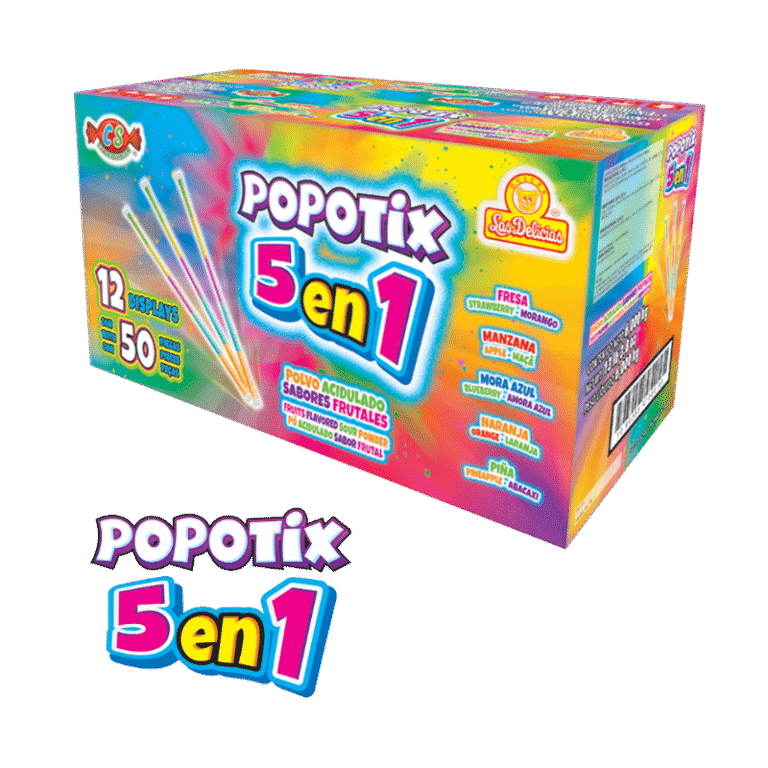 Caja de Popotix 5 en 1 con diseño multicolor y sabores variados.