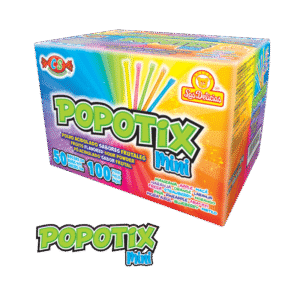 Caja de Popotix Mini con 50 bolsas de polvo ácido sabor frutas