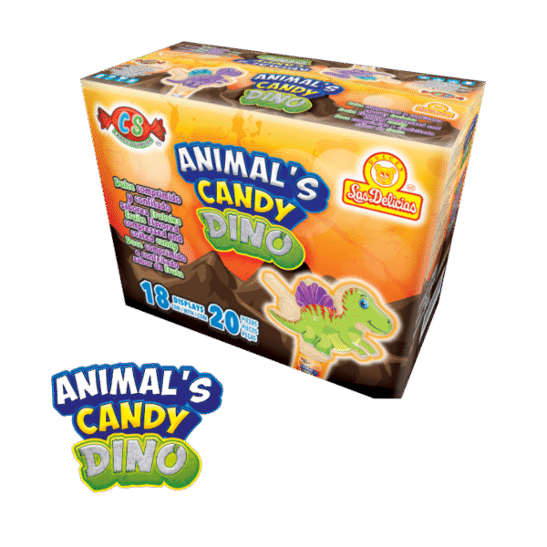 Caja de Animals Candy Dino con diseño de dinosaurio y sabores frutales