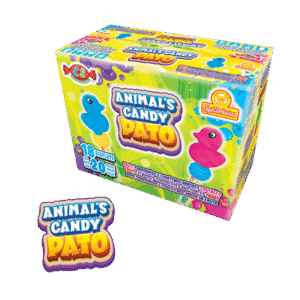 Caja de Animals Candy Pato con 18 displays y diseño de fondo verde y amarillo