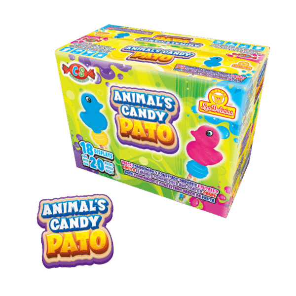 Caja de Animals Candy Pato con 18 displays y diseño de fondo verde y amarillo