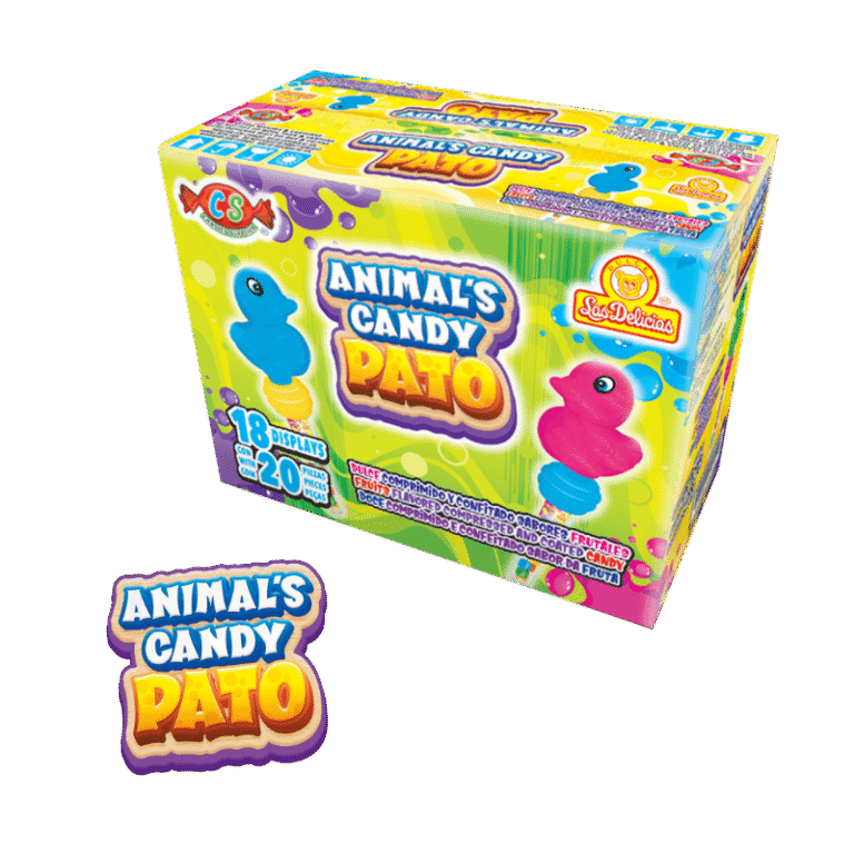 Caja de Animals Candy Pato con 18 displays y diseño de fondo verde y amarillo