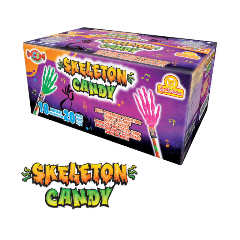 Caja Skeleton Candy con diseño colorido y 18 displays