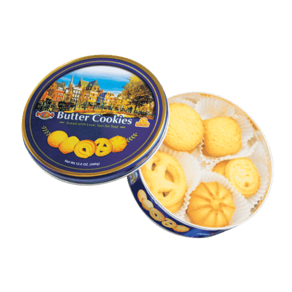 Lata metálica Butter Cookies 340g abierta con surtido de galletas
