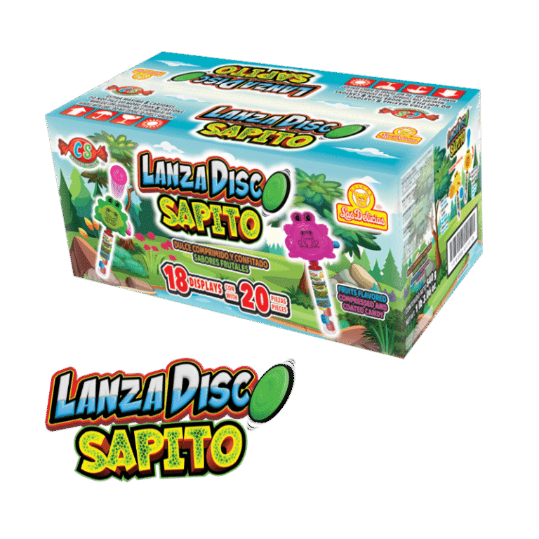 Caja de Lanza Disco Sapito con caramelos y lanzadores de disco en forma de sapo