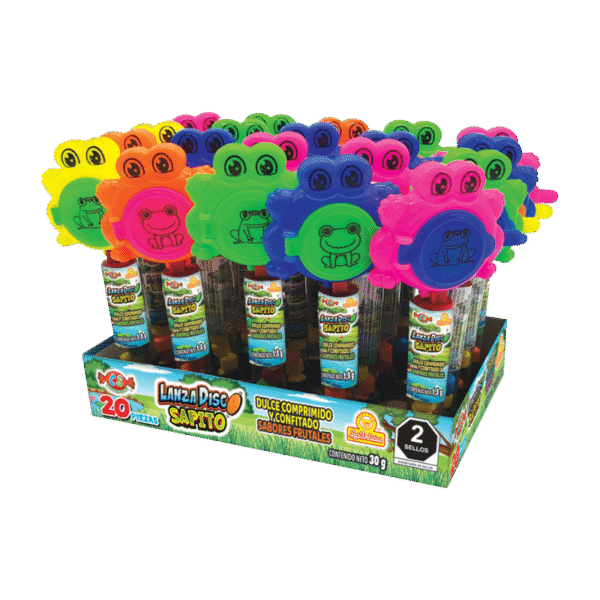 Display de Lanza Disco Sapito con 20 unidades en diferentes colores
