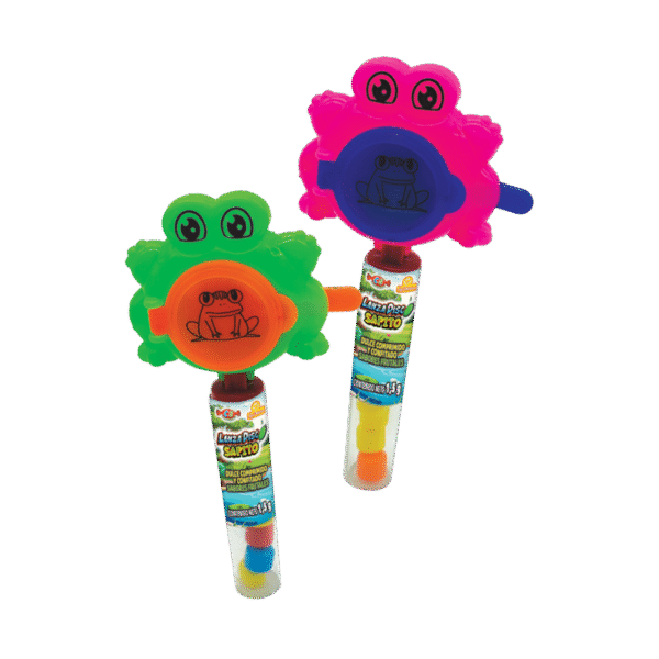 Caramelo Lanza Disco Sapito individual con forma de sapito y tubo de caramelos