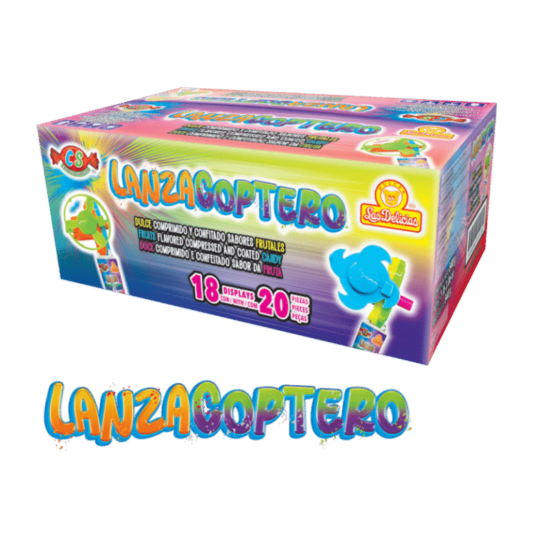 Caja de Lanzacóptero con 18 displays de dulces confitados y lanzadores