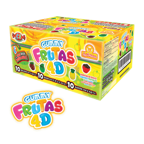 Caja mayorista de Gummy Frutas 4D con 10 bolsas de 1 kg