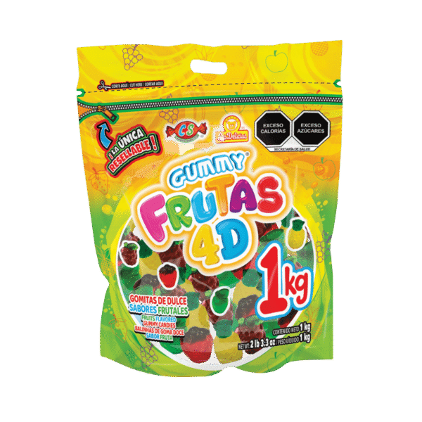 Bolsa de Gummy Frutas 4D de 1 kg resellable con gomitas frutales