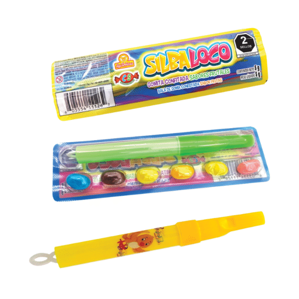 Blíster individual de Silbaloco con gomitas frutales y silbato