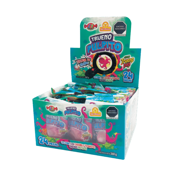 Display de Trueno Pulpito con 24 piezas de caramelos frutales con trueno pop