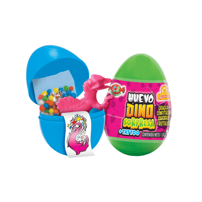 Huevo Dino Sorpresa con dulce, figura de dinosaurio y tatuaje