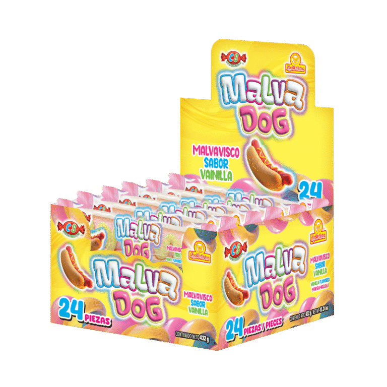 Malva Dog de Candies Supplier. Malvavisco con forma de hot dog y sabor vainilla en presentación de 24 piezas. Ideal para tu catálogo y para puntos de venta. Conoce todos los detalles.