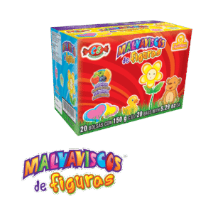 Malvaviscos de Figuras 150g – vista de la caja master con diseño infantil y colores vivos