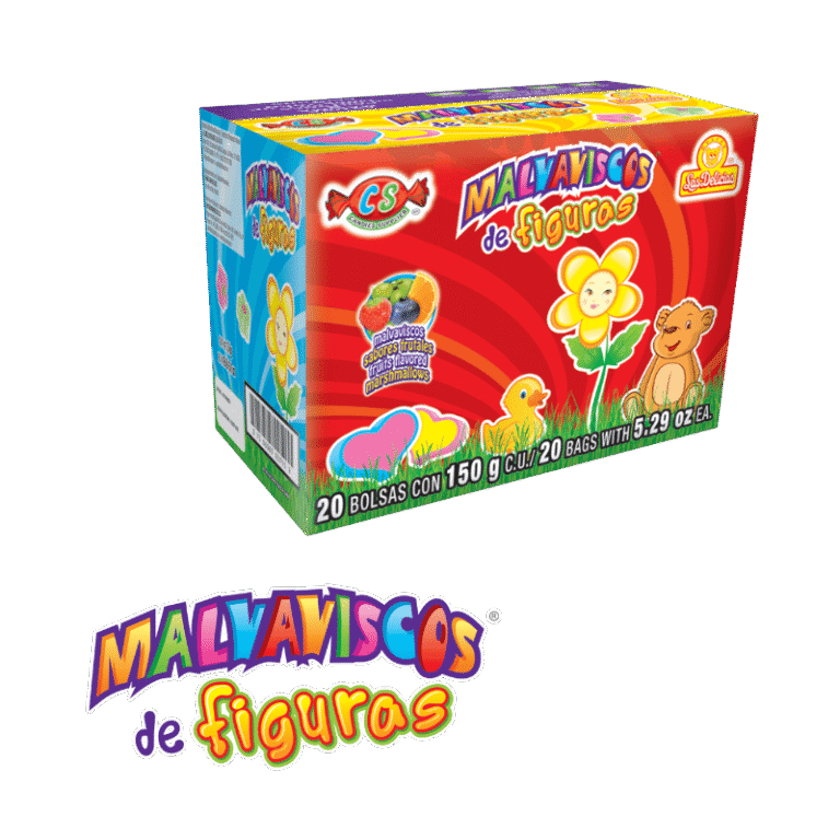 Malvaviscos de Figuras 150g – vista de la caja master con diseño infantil y colores vivos