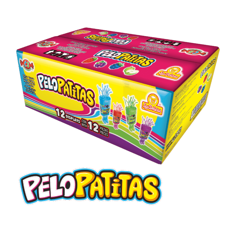 Pelo Patitas – vista de la caja master con diseño colorido y sabores surtidos