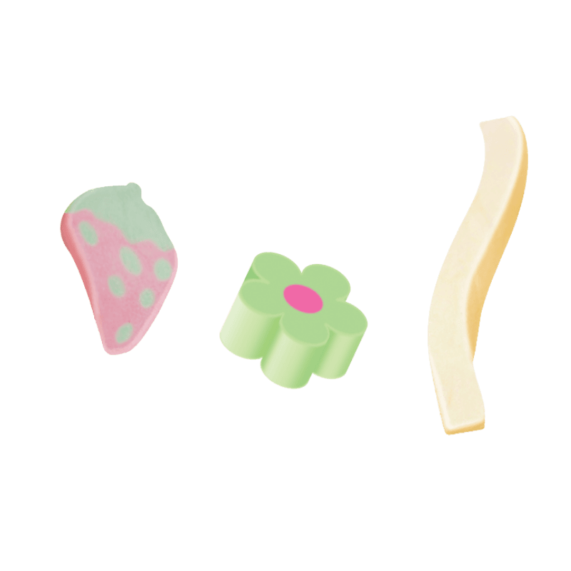 Display con las seis variedades de malvaviscos en bolsas individuales: Osito, Patitos, Carrito, Fresa, Flor y Papas Fritas.