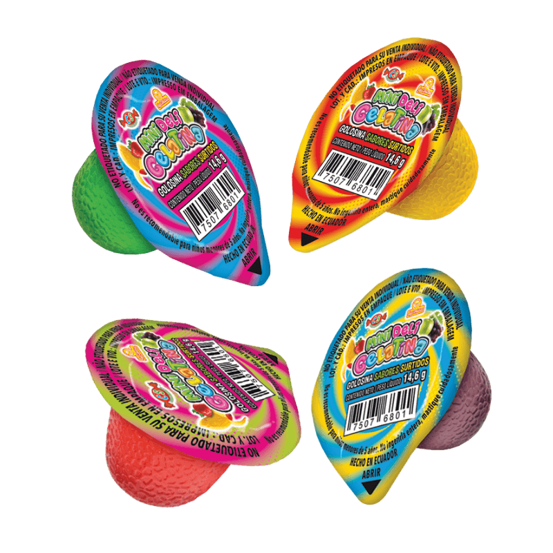 Imagen de la bolsa individual con 100 piezas de Mini Deli Gelatina. Incluye ilustraciones de frutas y colores llamativos.