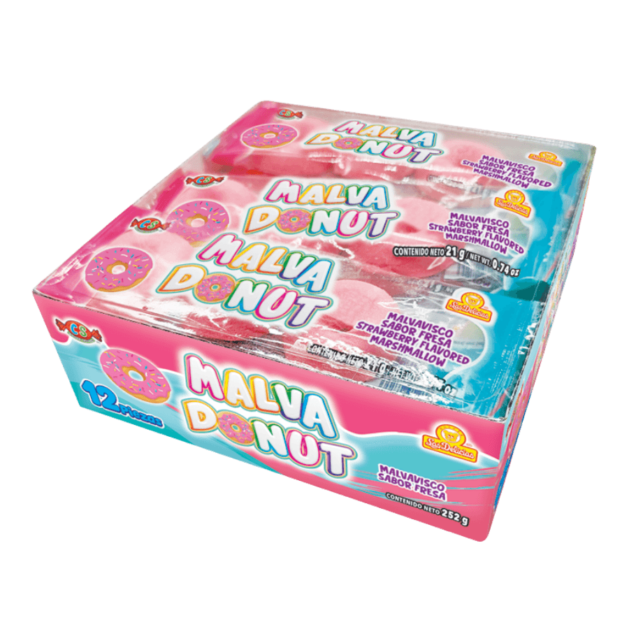 Caja del producto Malva Donut con diseño en tonos rosado y celeste, indicando su contenido de 12 displays con 12 unidades cada uno.