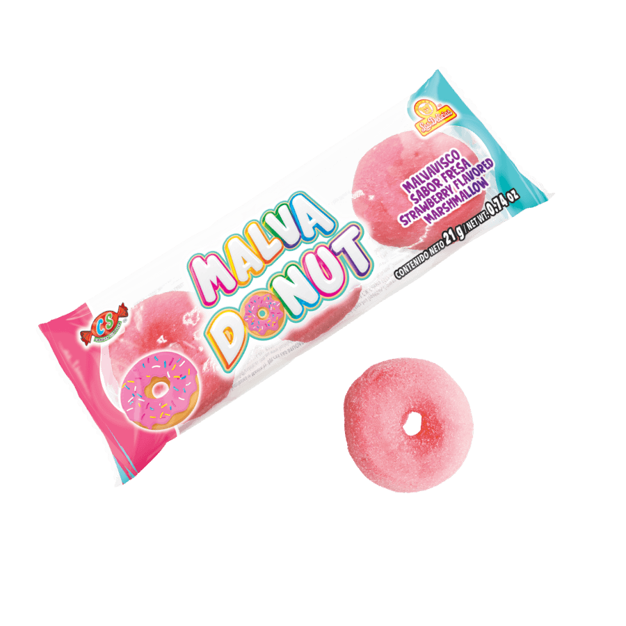 Display abierto con múltiples unidades de Malva Donut, mostrando los empaques individuales listos para exhibición.