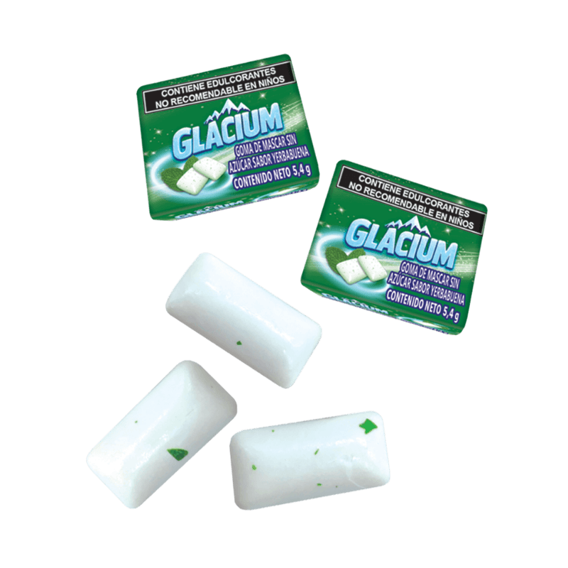 Paquete individual de Glacium Yerbabuena con 4 piezas de chicle sin azúcar