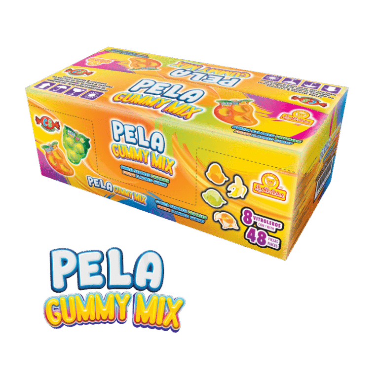 Caja de Pela Gummy Mix con 8 vitroleros de 48 gomitas frutales