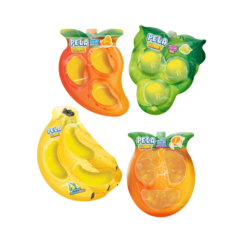 Unidades individuales de Pela Gummy Mix en sabores mango, uva, plátano y naranja