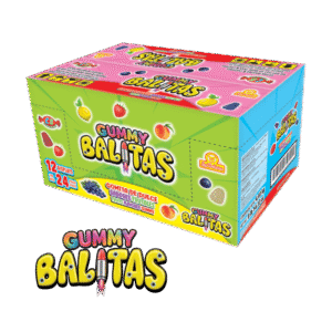 Caja de Gummy Balitas con 12 displays de 24 gomitas frutales