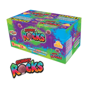 Caja de Gummy Rocks con 18 displays de 24 gomitas sabor uva