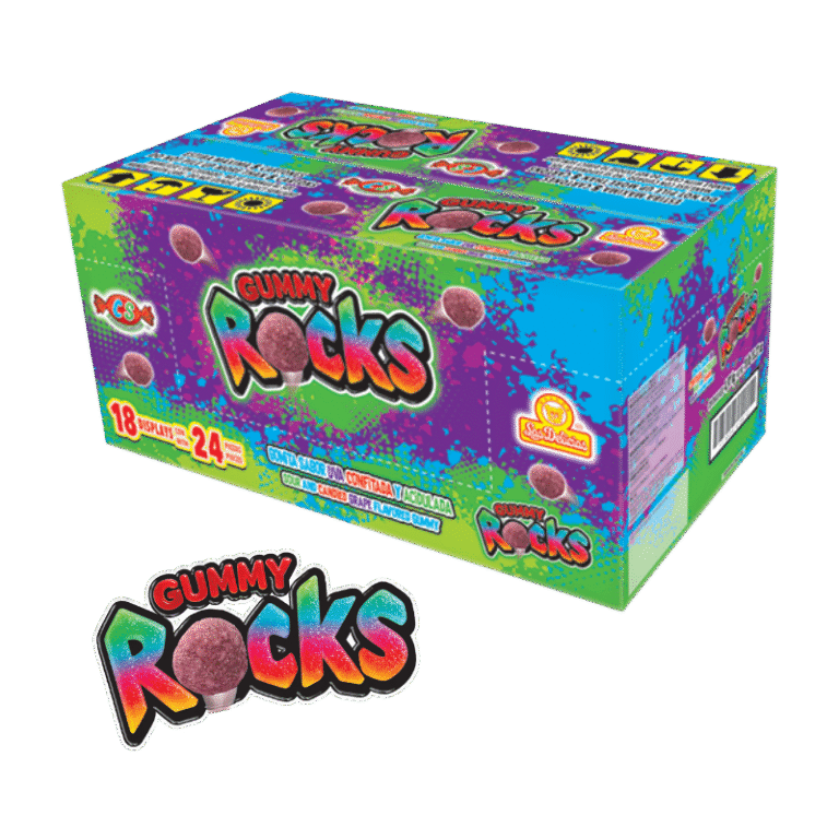 Caja de Gummy Rocks con 18 displays de 24 gomitas sabor uva