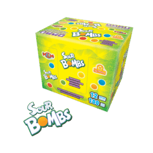 Caja de Sour Bombs con 12 bolsas de 100 dulces acidulados