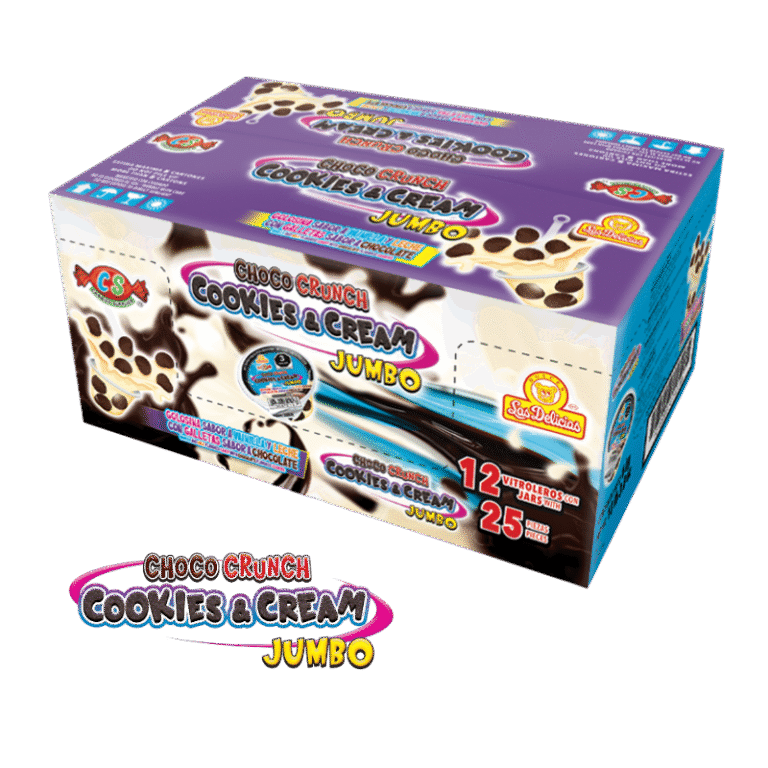 Caja de Choco Crunch Cookies & Cream Jumbo con 12 vitroleros de 25 unidades