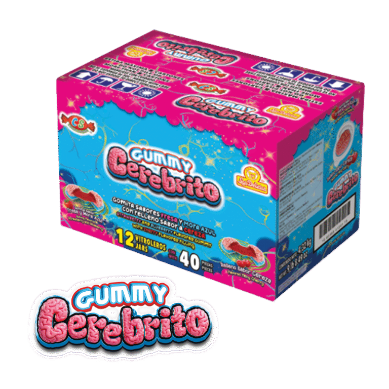 Caja de Gummy Cerebrito con 12 vitroleros de 40 piezas